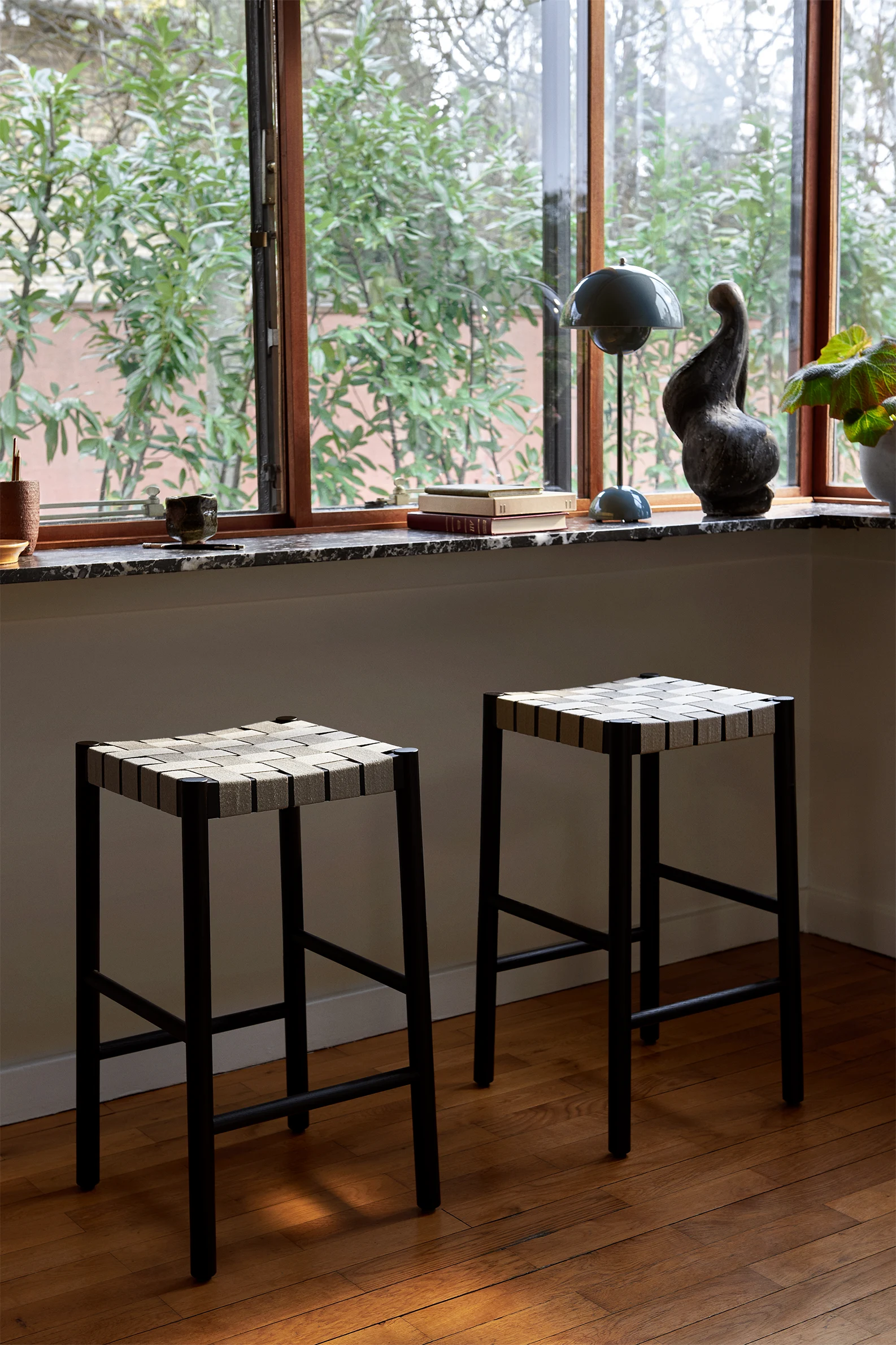 OAK AND LINEN WEBBING STOOL