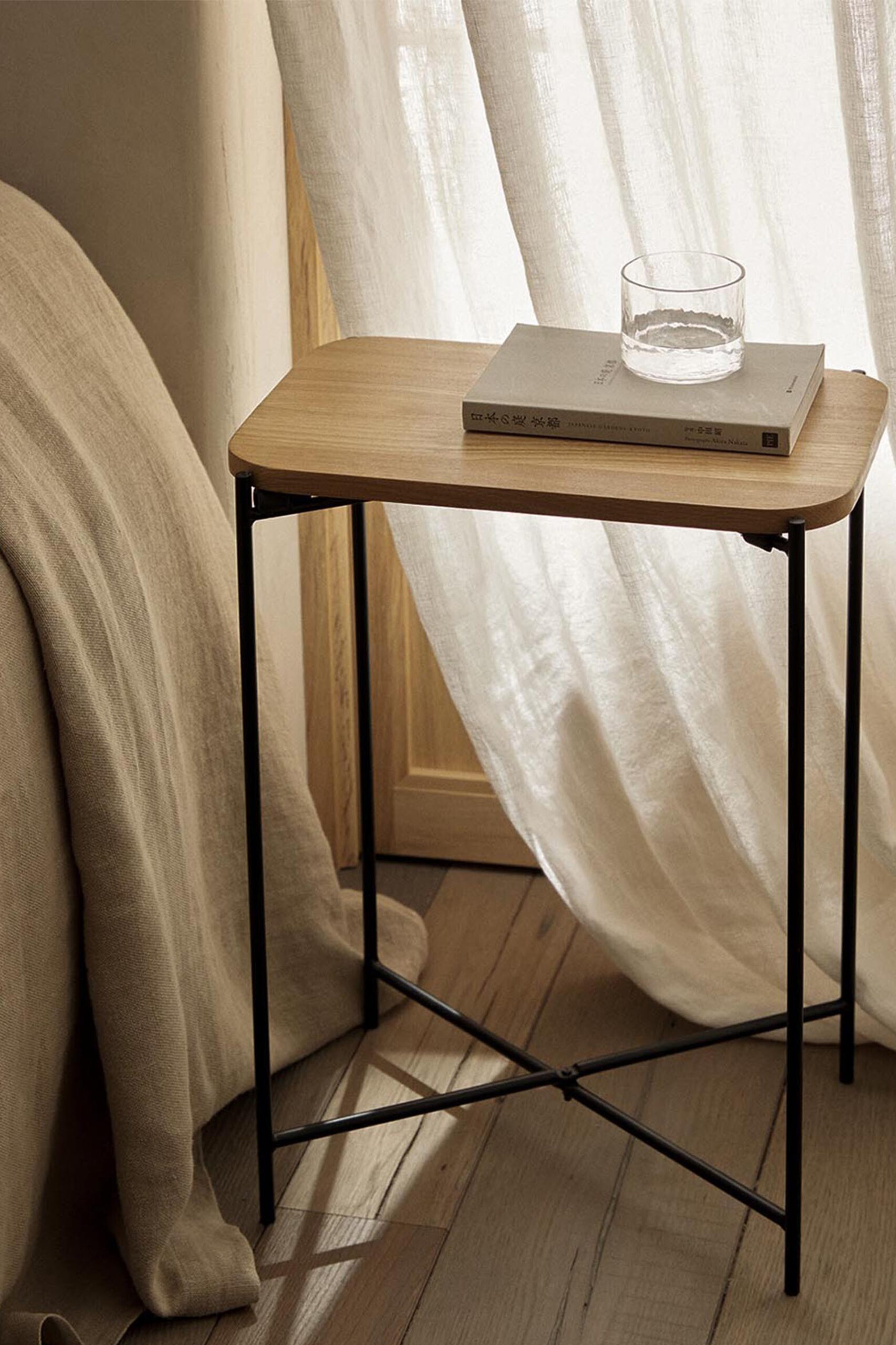 OAK AND METAL BEDSIDE TABLE